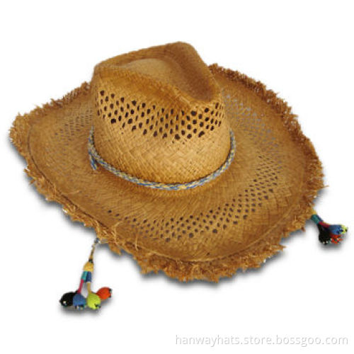2012 New Style Fashion Ladies Raffia Straw Cowboy Hat in Multicolor Cord Trim, with Beads at End